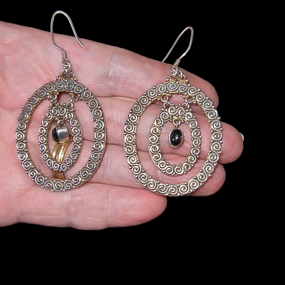 Vintage Sajen Black Onyx And Sterling Silver Textured Oval Dangle Earrings - Picture 5 of 9